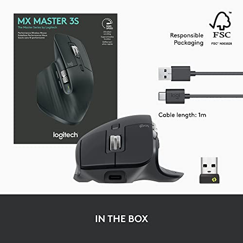Logitech MX Master 3S - Wireless Performance Mouse, Ergo, 8K DPI, Track on Glass, Quiet Clicks, USB-C, Bluetooth, Windows, Linux, Chrome - Graphite - With Free Adobe Creative Cloud Subscription